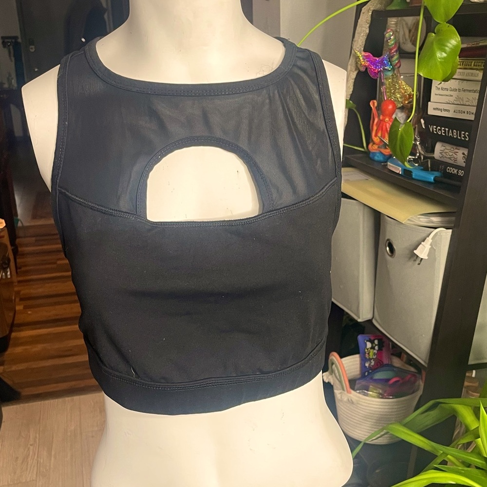 Black mesh cut out racer back sports bra